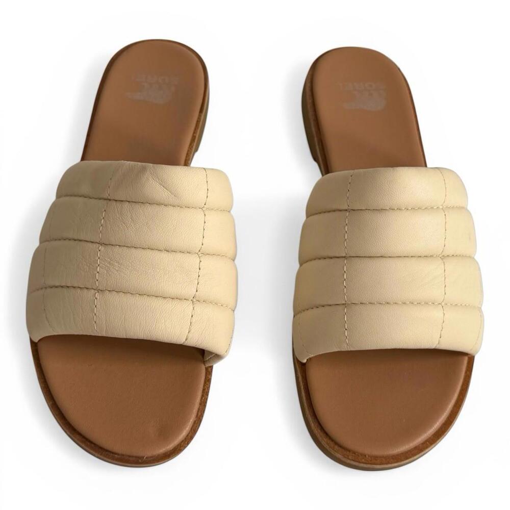 Sorel Ella III Slide Sandals Ivory Leather Puffer Strap Slides Size 7.5 Flats